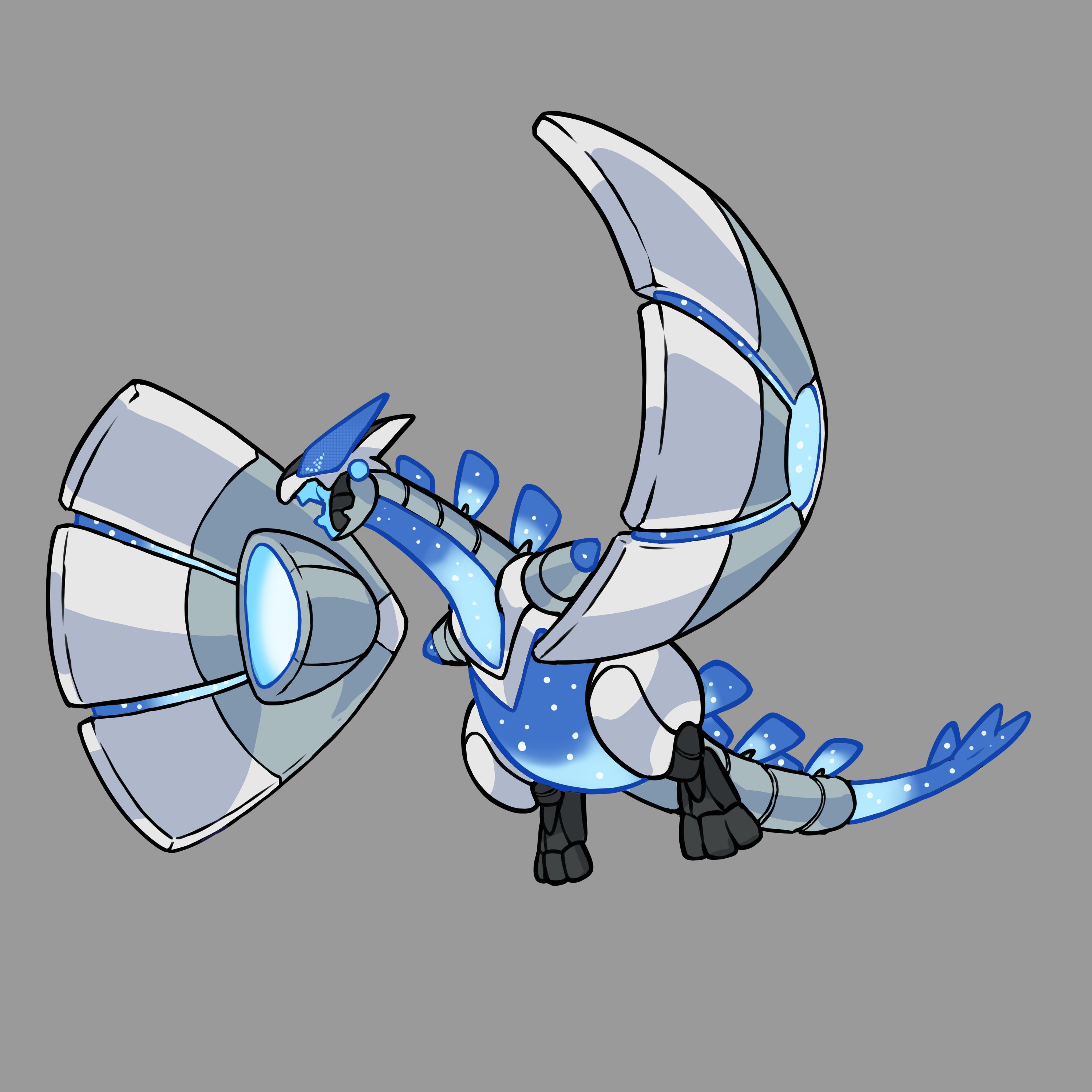 absurdres adoptable blue_eyes commentary detached_wings english_commentary fakemon full_body gen_2_pokemon grey_background highres legendary_pokemon lugia nintendo no_humans non-humanoid_robot open_mouth original pixel_eyes pokemon pokemon_(creature) pokemon_focus rgreywind robot robot_animal simple_background solo wings