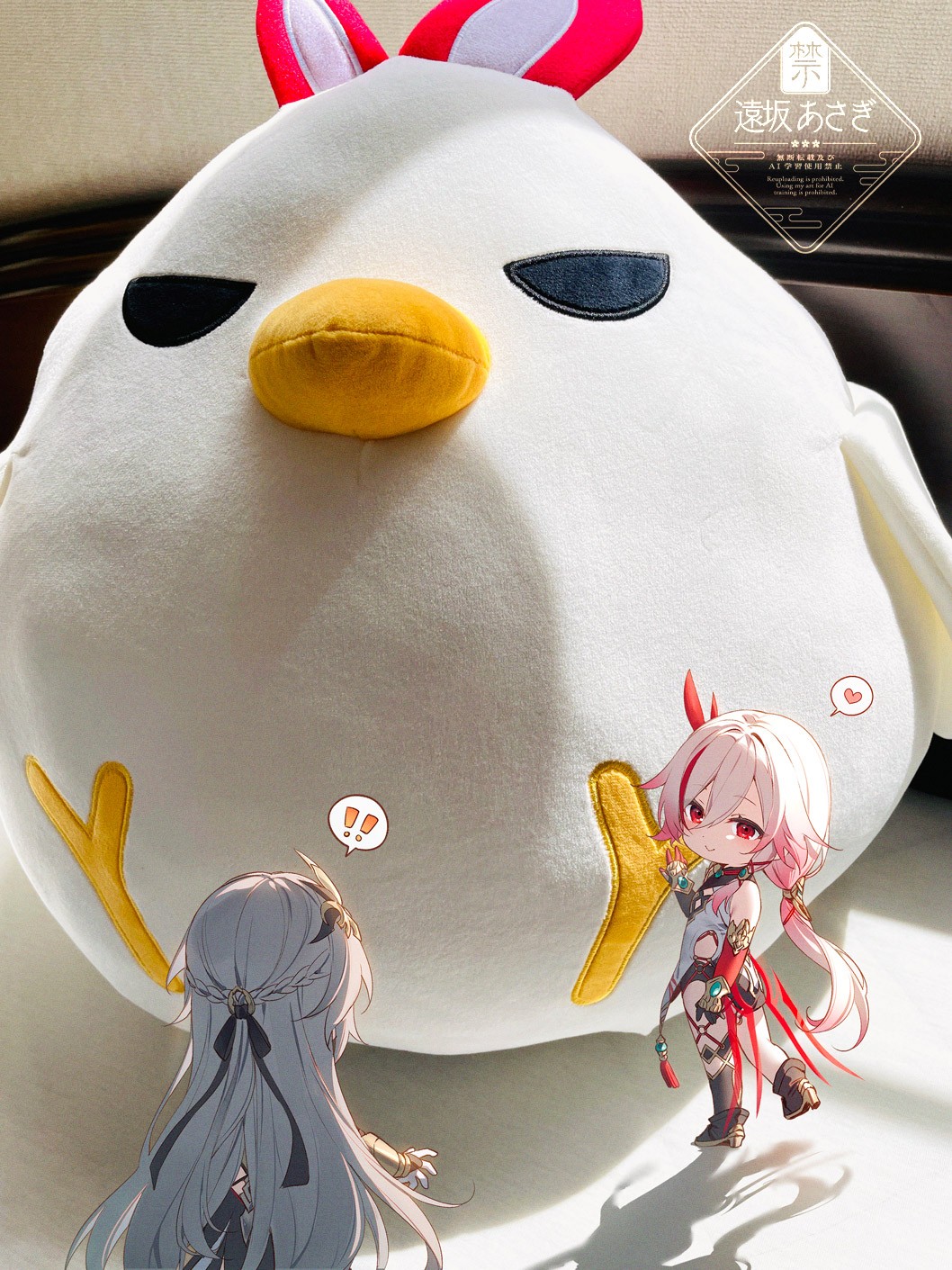 ! !! 2girls black_gloves black_thighhighs braid chibi china_dress chinese_clothes closed_mouth dress from_behind fu_hua fu_hua_(garuda) gloves grey_hair hair_between_eyes heart herrscher_of_sentience high_heels highres honkai_(series) honkai_impact_3rd jingwei_(bird) long_hair looking_at_another multicolored_hair multiple_girls pink_hair red_eyes red_hair single_thighhigh smile spoken_exclamation_mark spoken_heart thighhighs toosaka_asagi white_hair