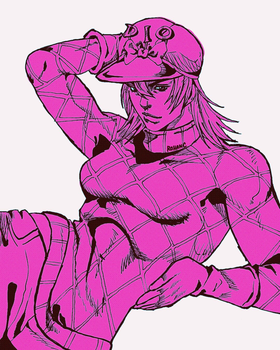 1girl argyle_clothes argyle_sweater bow diego_brando genderswap genderswap_(mtf) gloves hat hat_bow highres jojo_no_kimyou_na_bouken lips medium_hair monochrome mrrohansensei smile solo steel_ball_run sweater turtleneck