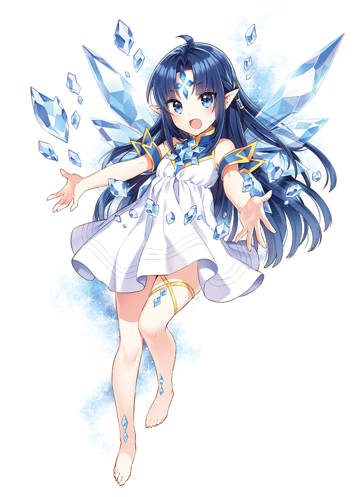 1girl :d ahoge bare_legs barefoot blue_eyes blue_hair character_request cover cover_page crystal dress facial_mark floating forehead_mark full_body isekai_cheat_magician long_hair nardack novel_cover official_art open_mouth outstretched_arms outstretched_hand pointy_ears sleeveless sleeveless_dress smile solo thigh_strap