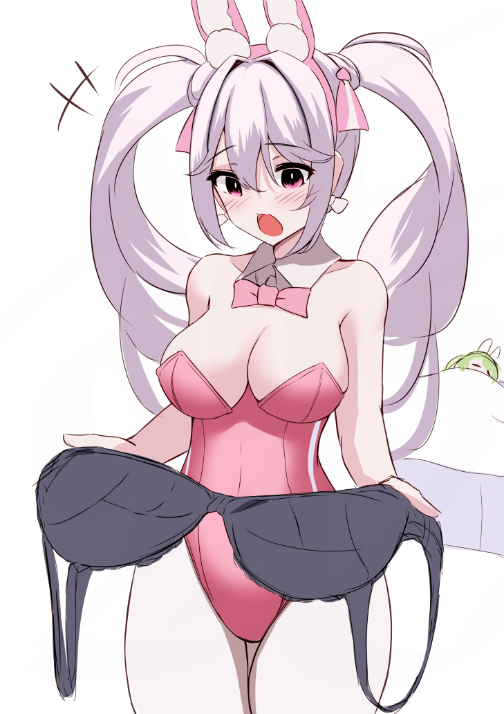 +++ 2girls alice_(nikke) alice_(wonderland_bunny)_(nikke) animal_ears black_bra bow bowtie bra breasts cleavage detached_collar fake_animal_ears goddess_of_victory:_nikke hair_ornament kurono_suzuran large_breasts leotard long_hair multiple_girls pantyhose pink_bow pink_bowtie pink_eyes pink_leotard playboy_bunny rabbit_ears simple_background sleeping soda_(nikke) soda_(twinkling_bunny)_(nikke) strapless strapless_leotard twintails under_covers undersized_breast_cup underwear white_pantyhose wrist_cuffs