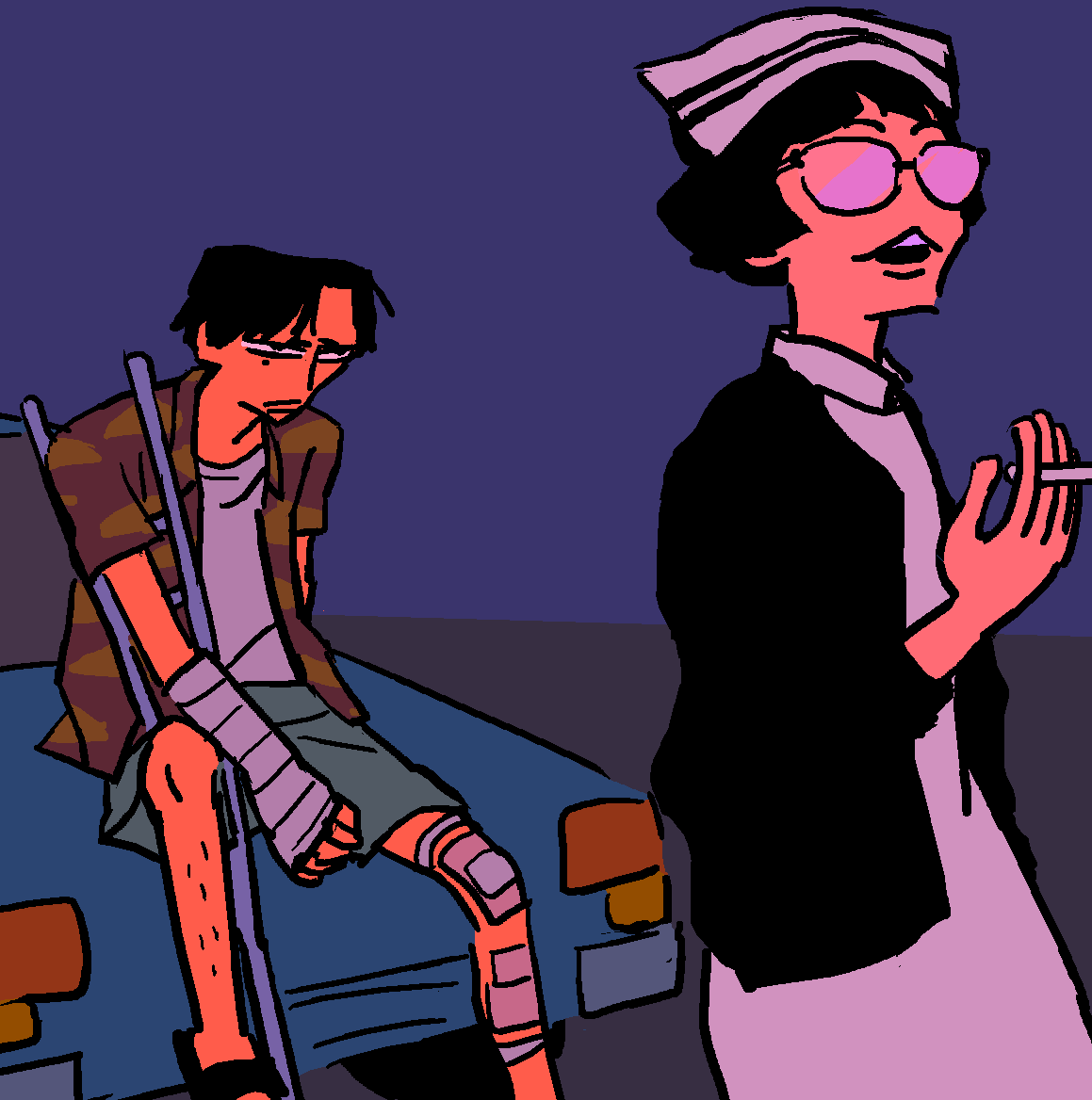 1boy 1girl :3 adrenaline_drive ao9hp arm_cast bandaged_leg bandages behind_another between_fingers black_eyes black_hair black_jacket blue_background broken_arm car cast character_request cigarette closed_mouth collared_dress commentary_request constricted_pupils crutch dress facial_hair feet_out_of_frame gauze gauze_on_leg glasses green_shorts hand_up holding holding_cigarette jacket layered_shirt long_sleeves looking_at_another mustache nurse on_car opaque_glasses open_clothes open_mouth open_shirt pencil_mustache red_shirt sandals shirt short_hair shorts sitting standing white_dress white_shirt white_undershirt