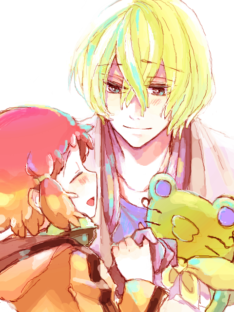 10s 1boy 1girl aquarion_(series) aquarion_evol blonde_hair blush coat couple dorayan dress closed_eyes gradient_hair hair_ornament hetero jin_musou multicolored_hair orange_hair pinky_swear purple_hair short_hair smile stuffed_animal stuffed_toy yunoha_thrul