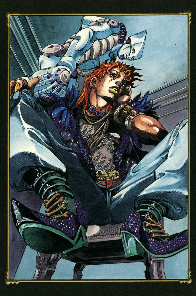 1boy araki_hirohiko belt bone boots bracelet dio_brando ear_piercing feathers hand_on_own_face jewelry jojo_no_kimyou_na_bouken nail_polish non-web_source official_art piercing pointed_footwear stand_(jojo) the_world