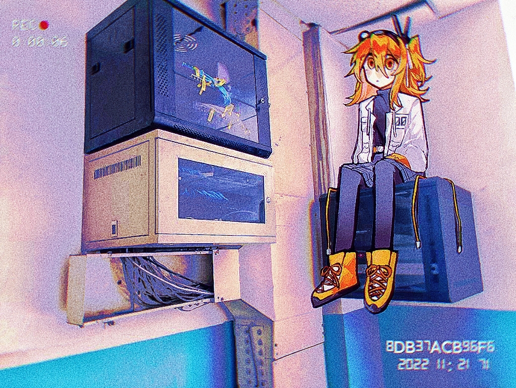 1girl a.i._voice adachi_rei belt between_legs black_hairband black_leggings black_shirt boots cable chang_shi character_name chinese_commentary closed_mouth computer computer_tower dated dot_mouth dutch_angle expressionless fake_video film_grain full_body grey_skirt hair_between_eyes hair_ribbon hairband hand_between_legs headlamp hexadecimal indoors jacket leggings long_sleeves looking_at_viewer medium_hair open_clothes open_jacket orange_boots orange_eyes orange_hair photo_background radio_antenna recording ribbon segment_display shirt side_ponytail sitting sitting_on_object skirt solo timestamp translated turtleneck utau utility_belt white_jacket white_ribbon wide-eyed