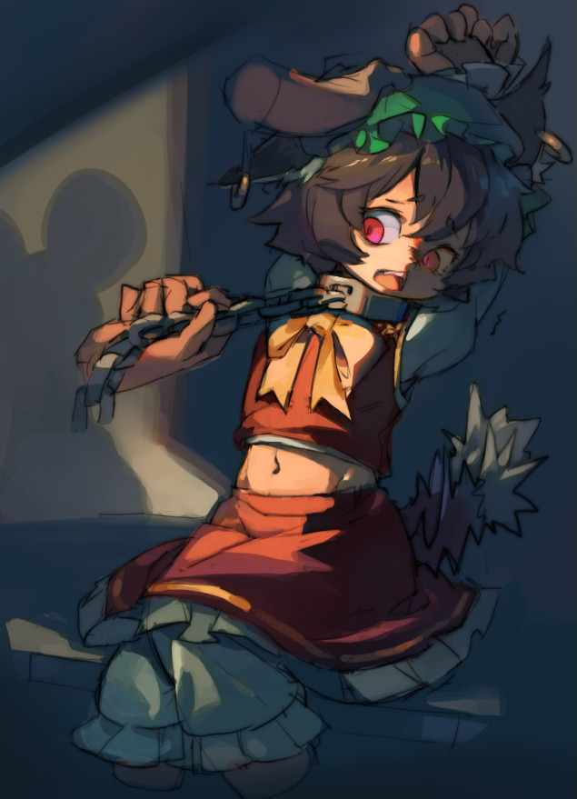 1girl 1other animal_ear_piercing animal_ears bound bound_wrists bow brown_hair cat_ears cat_tail chain chen collar disembodied_hand earrings frilled_skirt frills hand_on_another&#039;s_head hat jewelry long_sleeves looking_at_another midriff mob_cap mouse_ears multiple_tails nekomata open_mouth red_skirt red_vest scared shadow short_hair sitting skirt stiff_tail tail touhou two_tails vest white_undershirt yellow_bow zeni