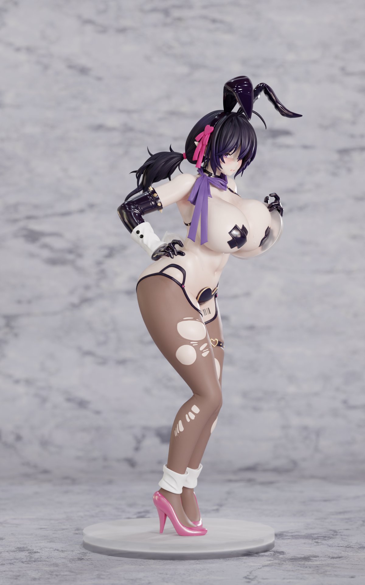 1girl 3d animal_ears barcode barcode_tattoo black_gloves blush breasts breasts_squeezed_together brown_dust_(series) brown_dust_2 cleavage elbow_gloves fake_animal_ears figure from_side full_body gloves hair_between_eyes heart_maebari high_heels highres holding holding_tray huge_breasts illlrabbit large_variant_set latex latex_gloves leg_tattoo loen_(brown_dust_2) loen_(celebrity_bunny)_(brown_dust_2) looking_at_viewer maebari navel pantyhose pink_shoes purple_eyes purple_hair rabbit_ears shoes short_twintails sideboob solo stiletto_heels stomach tattoo thigh_strap torn_clothes torn_pantyhose tray twintails variant_set