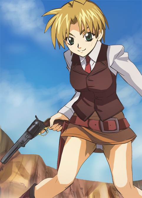00s 1girl belt blonde_hair blue_sky boots cloud colt_army_model cowboy_western day early_reins female_focus green_eyes gun gunbelt handgun haruyama_kazunori holster margaret_heart miniskirt necktie panties pantyshot revolver shirt short_hair skirt sky smile solo standing trigger_discipline underwear upskirt vest weapon white_panties white_shirt