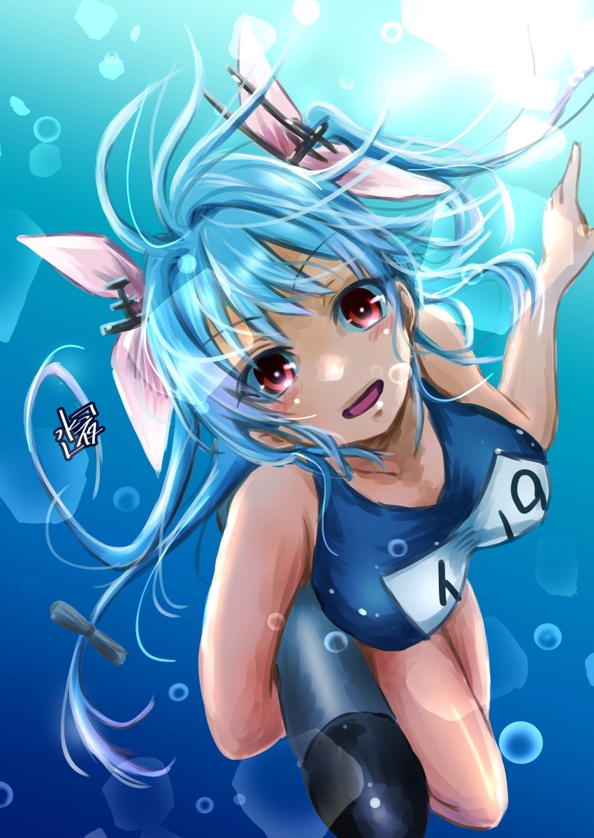 1girl blue_hair blush breasts hair_ribbon highres i-19_(kancolle) kantai_collection large_breasts long_hair mizuya_chiharu name_tag one-piece_swimsuit open_mouth red_eyes ribbon school_swimsuit smile solo swimsuit torpedo tri_tails twintails underwater