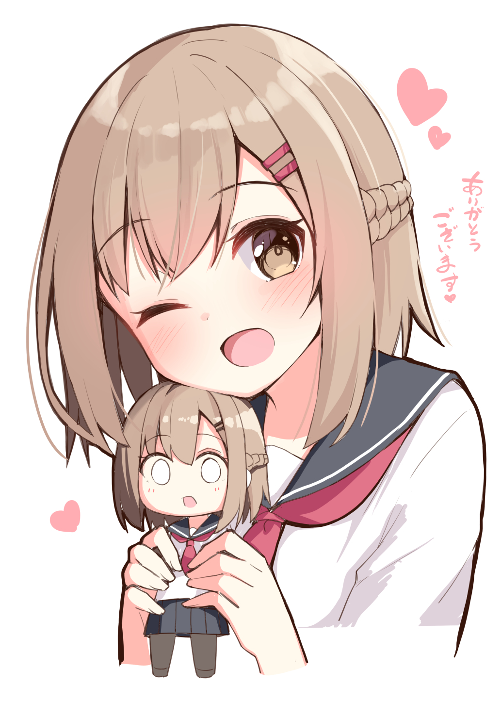 1girl ;d black_pantyhose black_sailor_collar black_shoes black_skirt blush braid brown_eyes brown_hair character_doll childhood_friend_(ominaeshi) commentary_request cropped_torso doll hair_ornament hairclip heart highres holding holding_doll neckerchief ominaeshi_(takenoko) one_eye_closed open_mouth original pantyhose pleated_skirt red_neckerchief sailor_collar school_uniform serafuku shirt shoes simple_background skirt smile solo translated white_background white_shirt