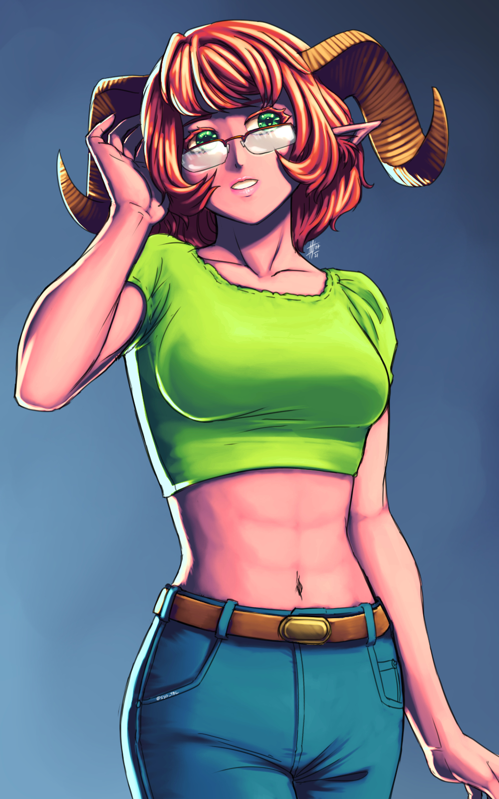 1girl abs baron_of_hell belt breasts casual colored_skin cowboy_shot crop_top curled_horns demon_girl denim doom_(series) genderswap genderswap_(mtf) glasses green_eyes green_shirt highres horns humanization jeans medium_breasts midriff navel over-rim_eyewear pants pink_skin pointy_ears red_hair semi-rimless_eyewear shirt short_hair solo standing substance20 toned
