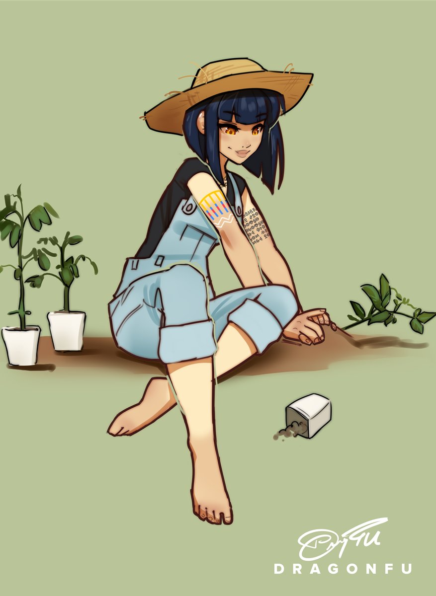 1girl arm_tattoo artist_name barefoot black_hair black_shirt blue_overalls blunt_bangs blunt_ends bob_cut brown_eyes brown_hat chest_tattoo closed_mouth commentary commission crossed_legs dirt dragonfu english_commentary flower_pot full_body garden green_background green_outline hat highres inverted_bob kate_mikolajczyk_(silverfox442) nintendo on_ground original outdoors outline overalls pants pants_rolled_up pink_lips plant planting pokemon potted_plant shirt short_hair short_sleeves signature sitting smile solo straw_hat sun_hat t-shirt tattoo toes unownglyphics