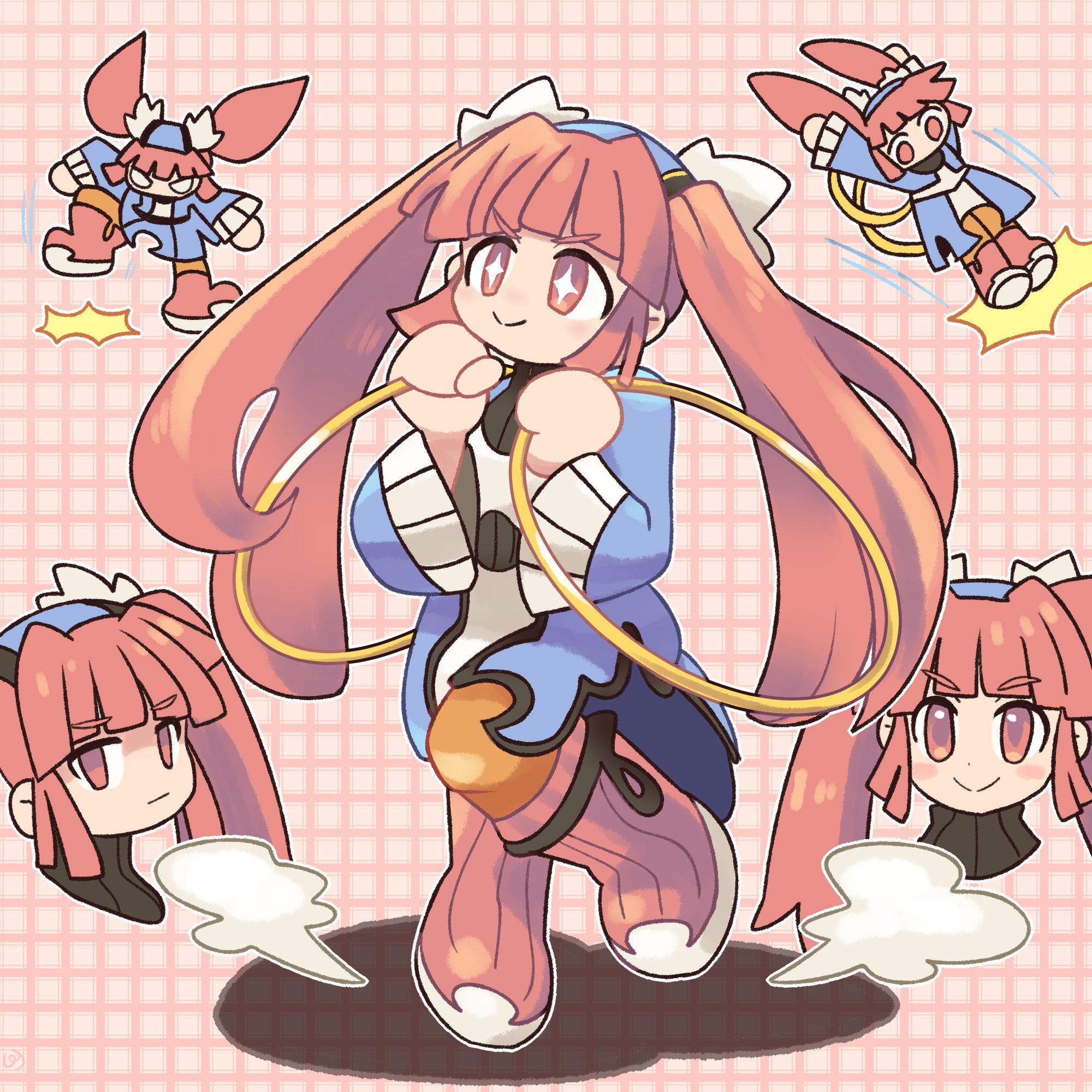 +_+ 1girl blunt_bangs blush_stickers chakram dewprism dual_wielding expressionless flying_kick full_body highres holding holding_weapon kicking leg_up light_blush long_hair mint_(dewprism) multiple_views pink_background pink_eyes pink_hair pmx sidelocks smile solo_focus stomping twintails v-shaped_eyebrows weapon