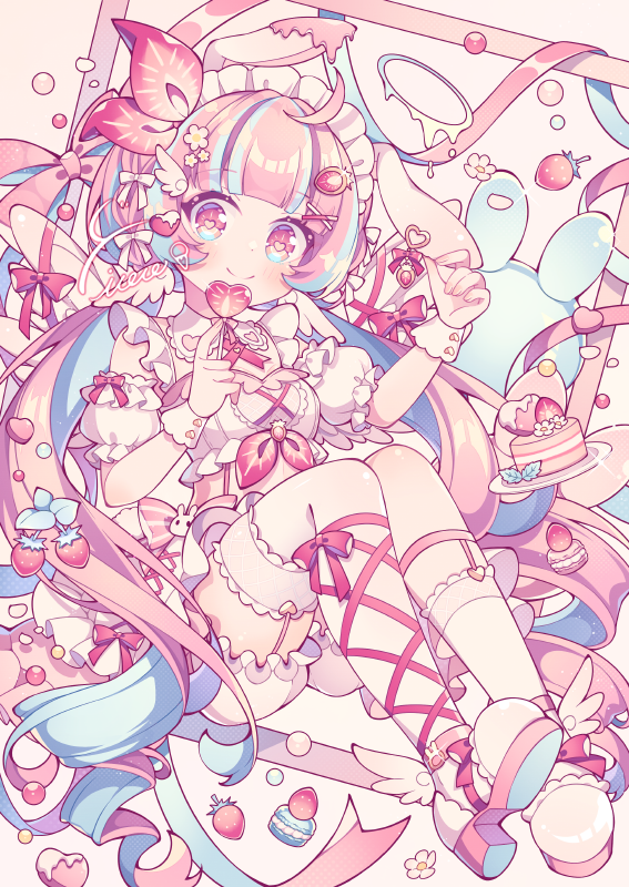 1girl ahoge ankle_lace-up asymmetrical_legwear bare_shoulders bloomers blue_hair blue_ribbon blush cake closed_mouth commentary detached_sleeves dress food food-themed_hair_ornament full_body hair_ornament heart heart-shaped_pupils hyou_(pixiv3677917) long_hair looking_at_viewer maid maid_headdress multicolored_hair original pink_eyes pink_hair pink_ribbon plate puffy_detached_sleeves puffy_sleeves ribbon shoes signature single_sock single_thighhigh sleeveless sleeveless_dress smile socks solo strawberry_hair_ornament streaked_hair symbol-only_commentary symbol-shaped_pupils thighhighs twintails two-tone_hair underwear uneven_legwear white_bloomers white_dress white_shoes white_sleeves white_socks white_thighhighs wing_hair_ornament x_hair_ornament