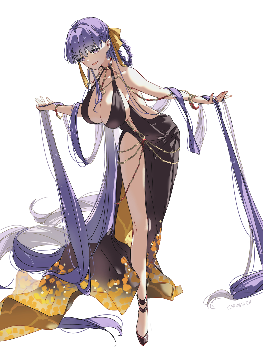 1girl bare_shoulders bb_(fate) bb_dubai_(fate) belly_chain black_dress braid braided_hair_rings breasts carimarica center_opening chain cleavage dress fate/grand_order fate_(series) full_body gold_chain gold_dress hair_ribbon hair_rings high_heels highres jewelry large_breasts leaning_forward long_hair looking_at_viewer nail_polish necklace open_mouth purple_eyes purple_hair ribbon side_slit smile solo twin_braids very_long_hair yellow_ribbon