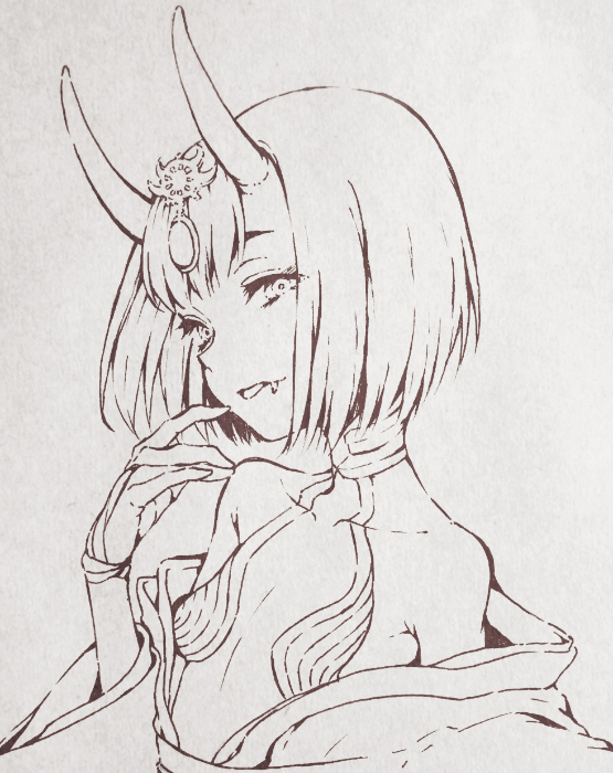 1girl breasts fang fate/grand_order fate_(series) haruhito_(divineshalt) horns japanese_clothes kimono lineart looking_at_viewer monochrome oni short_hair shuten_douji_(fate) small_breasts solo upper_body