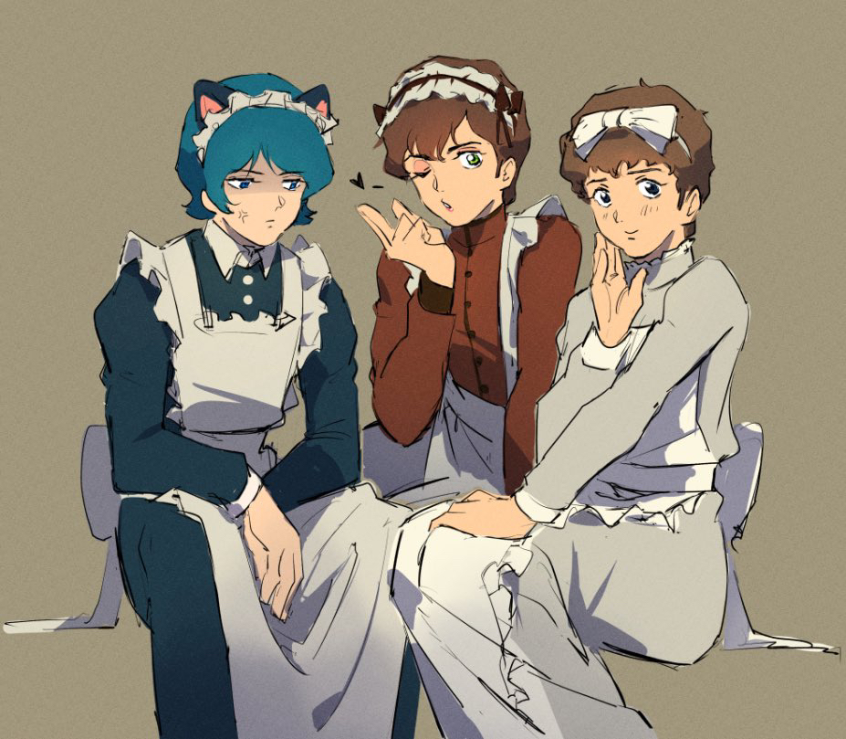 3boys amuro_ray anger_vein animal_ears apron blue_dress blue_hair cat_ears character_request crossdressing dress ekomozzarella grey_dress gundam gundam_zz judau_ashta kamille_bidan maid maid_apron multiple_boys red_dress sketch white_apron yaoi zeta_gundam
