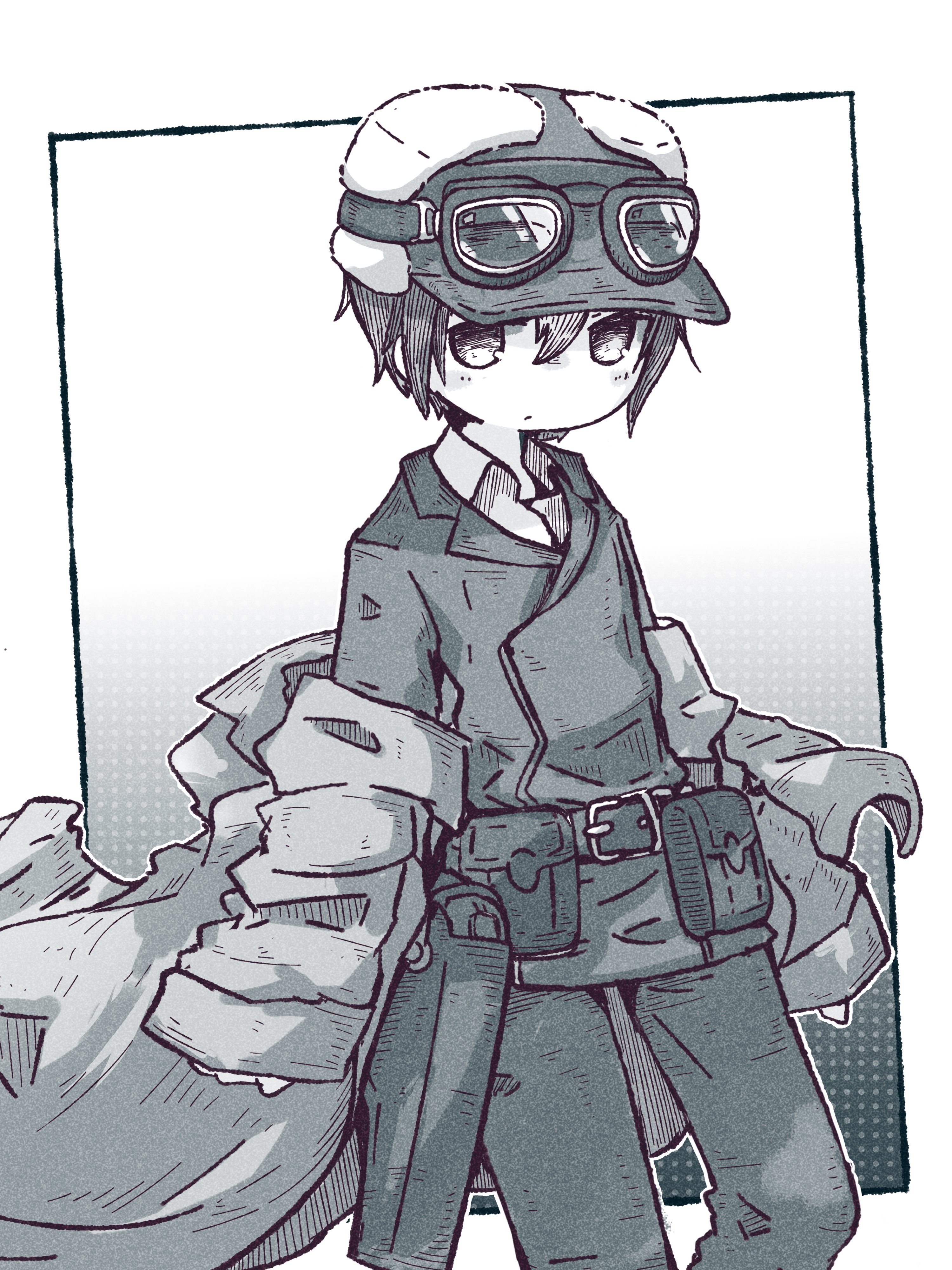 1girl absurdres androgynous belt belt_pouch black_hair black_jacket brough_superior brown_coat coat fur_hat goggles goggles_on_headwear gun hair_between_eyes handgun hat highres jacket kino_(kino_no_tabi) kino_no_tabi leather_belt megateru pouch reverse_trap revolver shirt short_hair tomboy weapon white_shirt