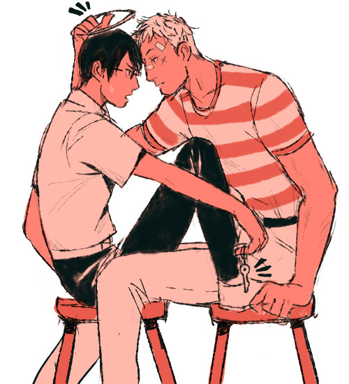 2boys bandaid bandaid_on_face bandaid_on_forehead bandaid_on_nose chair couple cross_scar face-to-face facial_scar feet_on_chair feet_out_of_frame from_side glasses halo holding holding_key imminent_kiss kawabuchi_sentarou key male_focus monochrome multiple_boys nishimi_kaoru notice_lines red_theme sakamichi_no_apollon scar scar_on_cheek scar_on_face shirt short_hair simple_background sitting stool striped_clothes striped_shirt sweatdrop viibean white_background yaoi