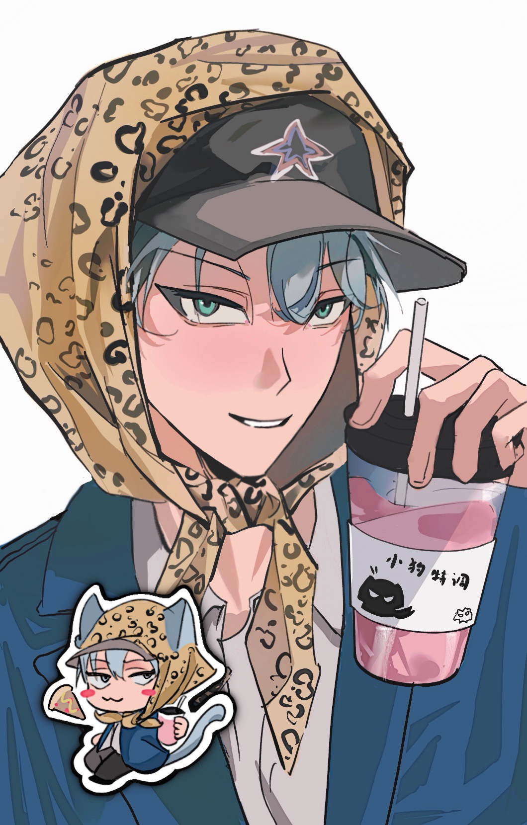 1boy alien_stage animal_ears animal_print bandana baseball_cap black_hat blue_jacket brown_bandana chibi chinese_commentary commentary_request cup disposable_cup dog_boy dog_ears dog_tail drink drinking_straw green_eyes grey_hair hat highres holding holding_cup holding_drink jacket kemonomimi_mode leopard_print male_focus portrait shirt simple_background smile solo tail till_(alien_stage) white_background white_shirt xiao_gou_kongtiao