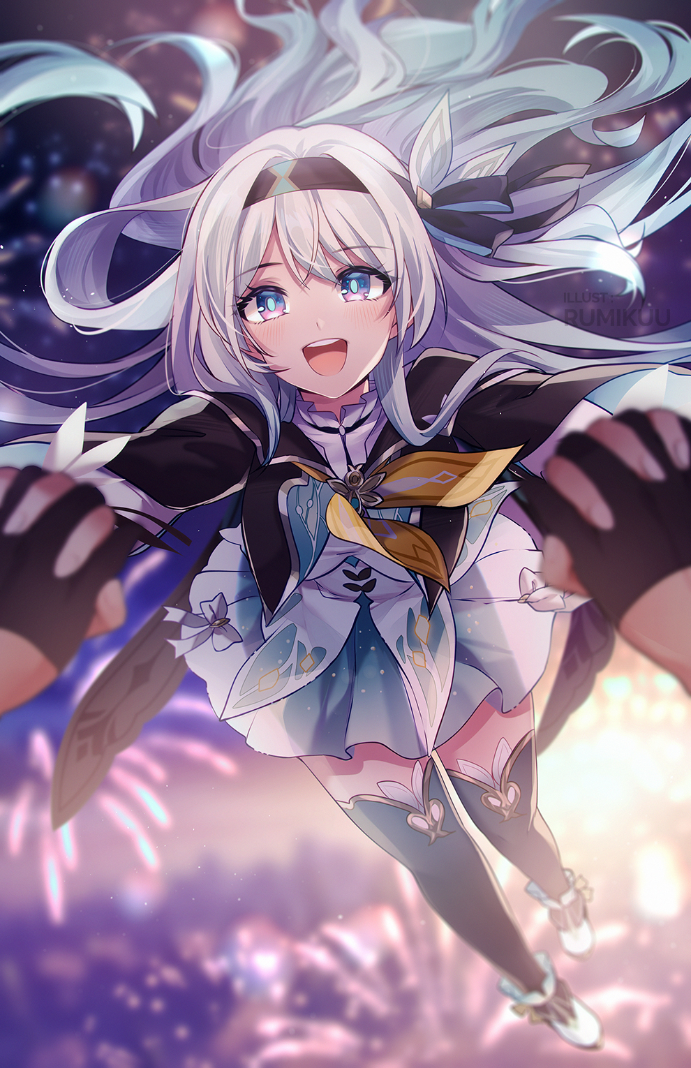 1girl 1other :d aqua_skirt black_gloves black_hairband black_jacket commentary firefly_(honkai:_star_rail) gloves hairband highres honkai:_star_rail honkai_(series) jacket k-rumi long_hair looking_at_viewer miniskirt open_mouth pov purple_eyes shirt shoes skirt smile thighhighs trailblazer_(honkai:_star_rail) very_long_hair white_hair white_shirt