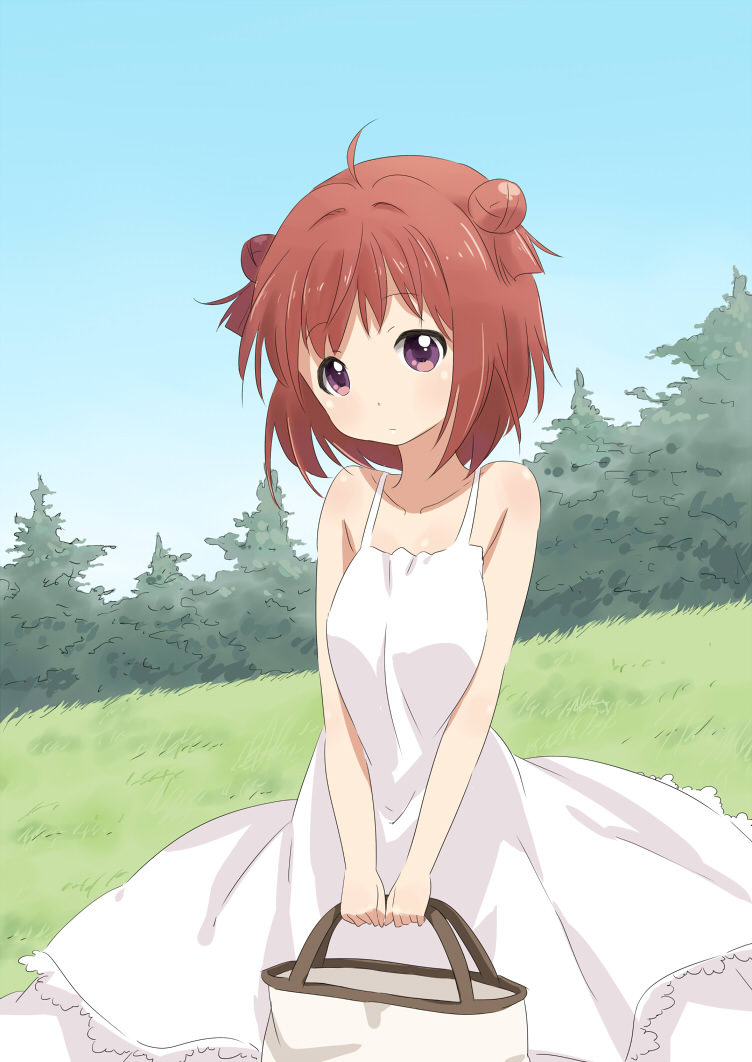 1girl ahoge akaza_akari bag bare_shoulders casual cloud collarbone day double_bun dress expressionless female_focus grass hair_bun hair_intakes handbag outdoors purple_eyes red_hair shikou_sakugo_(qqap9gt9k) shikousakugo short_hair sky solo tree v_arms white_dress yuruyuri