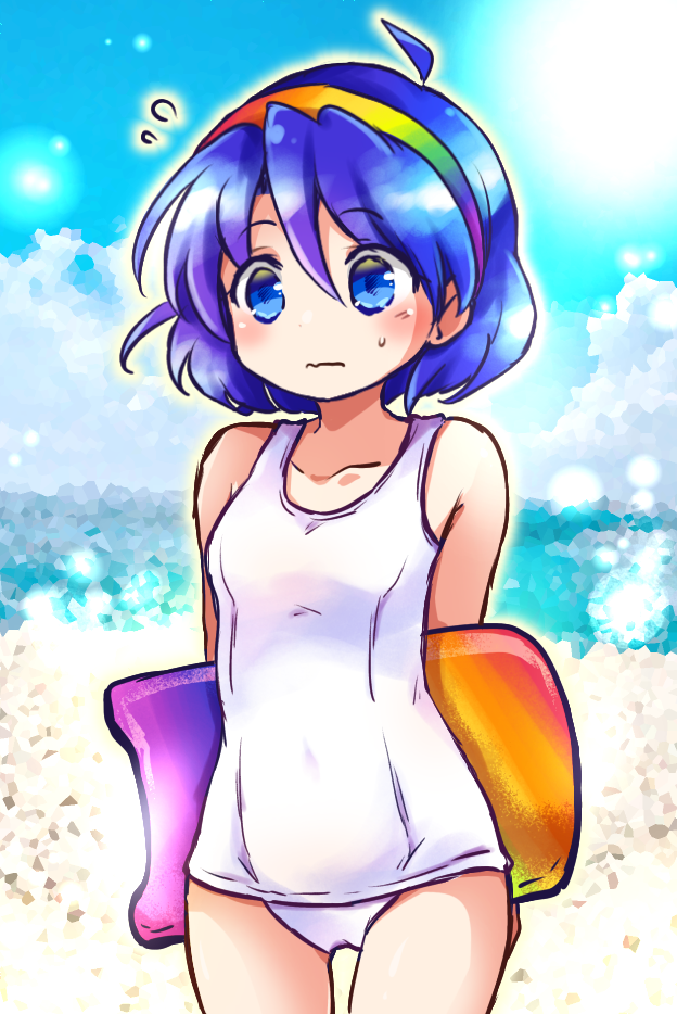 1girl alternate_costume arms_behind_back beach blue_eyes blue_hair blue_sky bodyboard closed_mouth cloud commentary cowboy_shot flying_sweatdrops hairband horizon looking_at_viewer multicolored_hairband ocean one-piece_swimsuit outdoors pote_(ptkan) short_hair sky solo standing sweatdrop swimsuit tenkyuu_chimata touhou white_one-piece_swimsuit