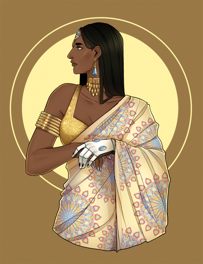 1girl black_hair breasts choker cleavage dark-skinned_female dark_skin earrings indian_clothes jewelry large_breasts long_hair looking_to_the_side overwatch own_hands_together prosthesis prosthetic_arm rani_ki sari solo straight_hair symmetra_(overwatch) upper_body