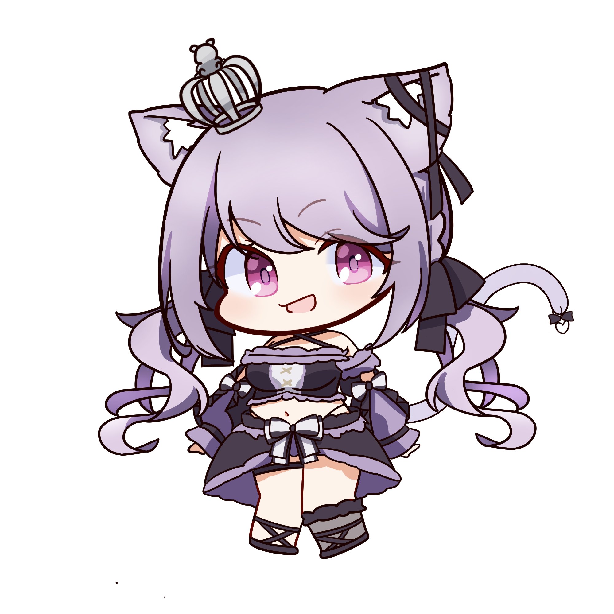 1girl animal_ears black_bow black_ribbon black_shoes black_skirt black_sleeves black_socks black_tube_top blush bow bow_skirt breasts cat_ears cat_girl chibi commentary criss-cross_halter crown detached_sleeves ear_ribbon frilled_tube_top frills full_body hair_bow halterneck highres ina_uruu long_hair looking_at_viewer mariooo medium_breasts midriff mini_crown nanashi_inc. navel open_mouth pink_eyes purple_hair ribbon shoes simple_background single_sock skirt smile socks solo strapless tube_top two-tone_bow virtual_youtuber white_background white_bow