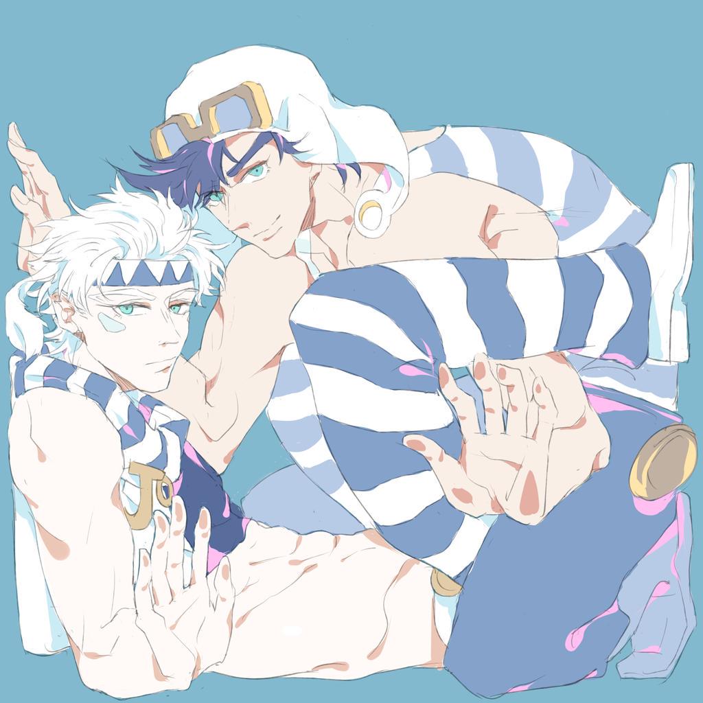 2boys abs against_glass aviator_cap battle_tendency black_hair blue_hair caesar_anthonio_zeppeli crop_top facial_mark feather_hair_ornament feathers fingerless_gloves gloves goggles goggles_on_headwear green_eyes hair_ornament headband jojo_no_kimyou_na_bouken joseph_joestar joseph_joestar_(young) looking_at_viewer male_focus midriff multiple_boys muscular muscular_male official_alternate_costume pants shirt striped_clothes striped_pants striped_shirt suzuri513 tank_top triangle_print vest