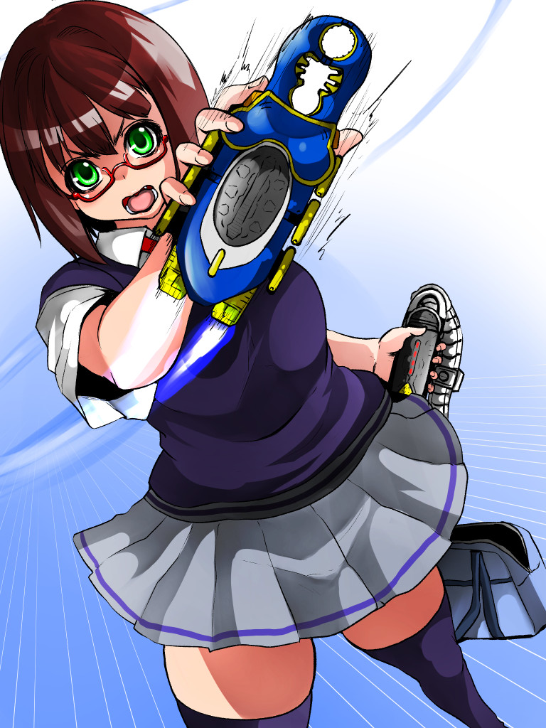 1girl angry bag crossover gatack_zecter glasses green_eyes henshin henshin_pose idolmaster idolmaster_cinderella_girls isna_(footprintsofisna) kamen_rider kamen_rider_gatack kamen_rider_kabuto_(series) maekawa_miku open_mouth parody rider_belt