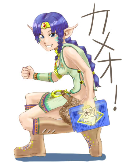 1girl artist_request bag belt blue_eyes blue_hair book boots braid braided_ponytail breasts fairy female_focus fingernails grin kameo:_elements_of_power kameo_(kameo) long_hair looking_at_viewer looking_to_the_side matching_hair/eyes medium_breasts microsoft miniskirt pointy_ears ponytail purple_hair rareware satchel shadow single_braid skirt smile solo tiara