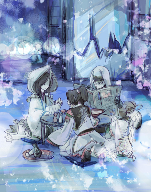 aya_gozen black_hair bottle choko_(cup) coat cup cushion fake_horns food helmet hood hood_up hooded_coat horned_helmet japanese_clothes kimono naoe_kanetsugu nashinomiya newspaper reading sake_bottle sengoku_musou table tassel uesugi_kenshin