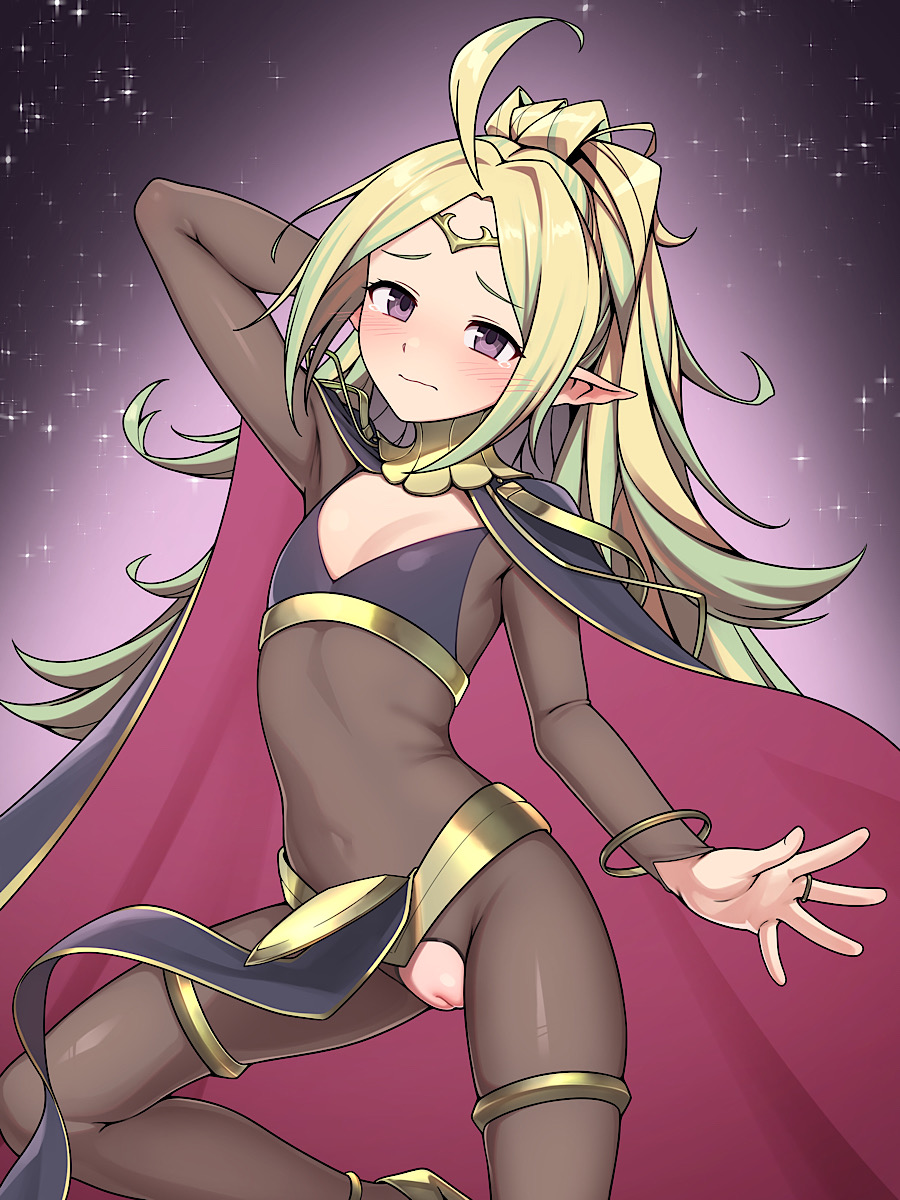 1girl ahoge alternate_costume arm_behind_head blonde_hair bodystocking cape circlet cosplay covered_navel embarrassed fire_emblem fire_emblem_awakening flat_chest gold_trim gradient_background green_eyes highres long_hair looking_at_viewer multicolored_hair nintendo nowi_(fire_emblem) pelvic_curtain pointy_ears ponytail pussy pussy_cutout sidelocks solo star_(sky) starry_sky_background tears tharja_(fire_emblem) tharja_(fire_emblem)_(cosplay) two-tone_hair yotubeya
