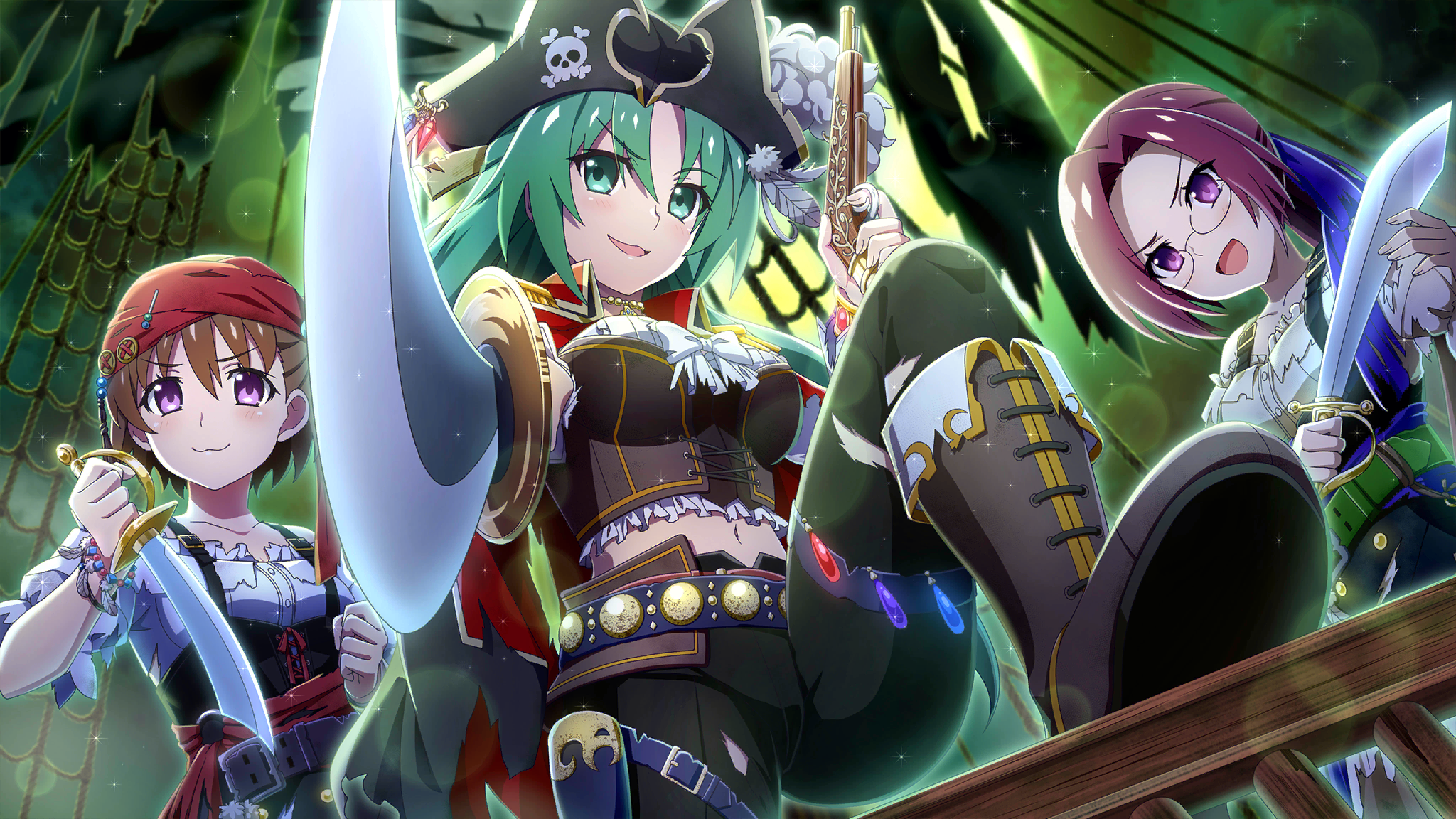3girls :d akasaka_miyuki bandana belt black_hat black_pants boots bow brown_belt brown_boots brown_hair closed_mouth collarbone corset cutlass dutch_angle epaulettes finger_on_trigger foot_out_of_frame frilled_shirt frills from_below game_cg glasses green_eyes green_hair gun hair_ribbon half_updo hat highres higurashi_no_naku_koro_ni higurashi_no_naku_koro_ni_mei holding holding_gun holding_sword holding_weapon jolly_roger lens_flare long_hair looking_at_viewer multiple_girls navel night non-web_source official_art open_mouth outdoors pants parted_bangs pirate pirate_costume pirate_hat pirate_ship ponytail purple_eyes purple_hair reaching reaching_towards_viewer red_bandana ribbon round_eyewear saionji_miyabi shirt short_hair short_sleeves skull_and_crossbones smile smug sonozaki_shion sparkle sword weapon white_bow