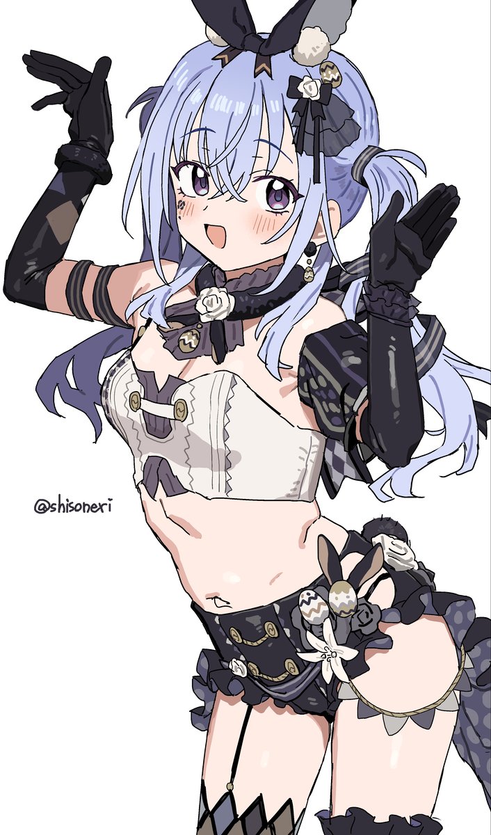 1girl :d arms_up black_gloves black_skirt blue_hair blush breasts character_request cleavage copyright_request corset cowboy_shot elbow_gloves garter_straps gloves hair_between_eyes hair_tie highres long_hair looking_at_viewer navel open_mouth purple_eyes shisoneri simple_background single_garter_strap skirt small_breasts smile solo twintails twitter_username white_background white_corset