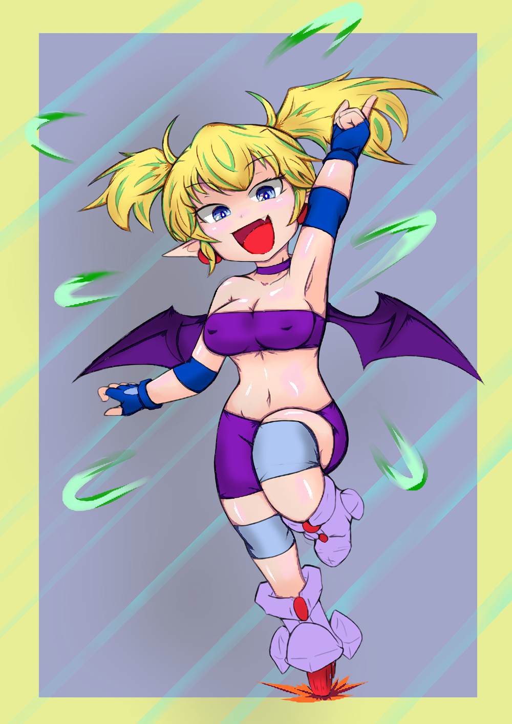 1girl arcana_heart arm_up armpits bike_shorts blonde_hair blue_eyes breasts cleavage covered_erect_nipples fang fingerless_gloves gloves highres index_finger_raised large_breasts leg_lift legs lilica_felchenerow looking_at_viewer navel open_mouth skates skating smile solo thighs tongue twintails