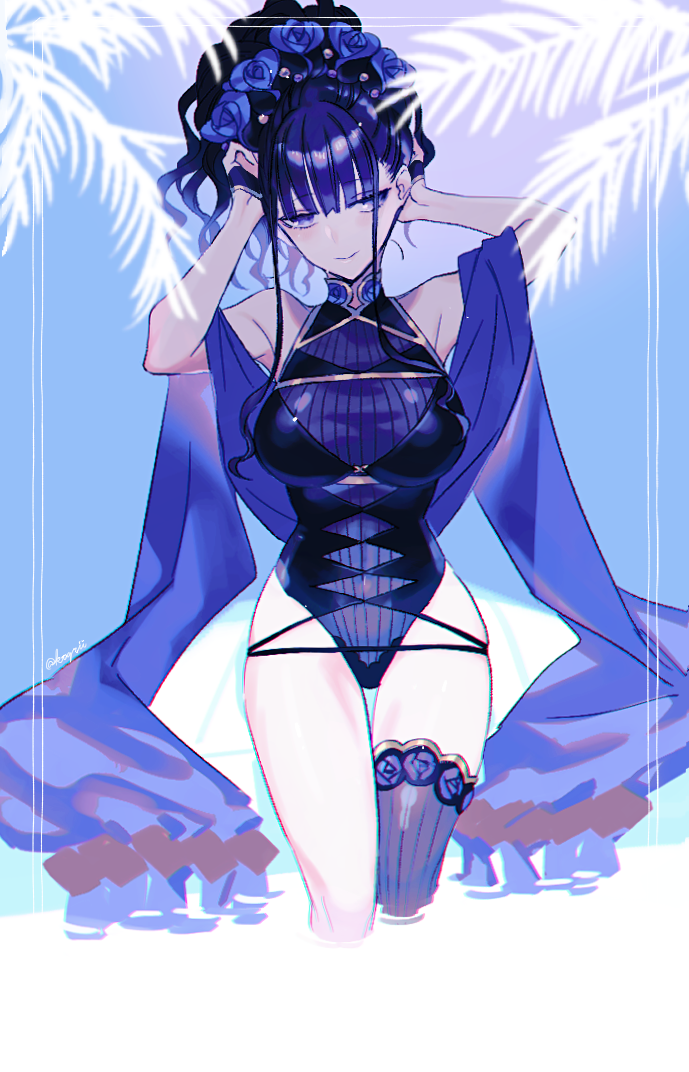 1girl arms_up black_gloves black_hair black_one-piece_swimsuit blue_flower breasts closed_mouth fanged_bangs fate/grand_order fate_(series) fingerless_gloves flower gloves gold_trim hair_flower hair_ornament half_gloves halterneck hands_in_hair katagiri_(mighty_swing) large_breasts light_smile long_hair looking_at_viewer multicolored_hair multicolored_swimsuit murasaki_shikibu_(fate) murasaki_shikibu_(swimsuit_rider)_(fate) murasaki_shikibu_(swimsuit_rider)_(first_ascension)_(fate) one-piece_swimsuit purple_eyes purple_hair purple_one-piece_swimsuit purple_shawl purple_thighhighs ribbed_swimsuit shawl single_thighhigh solo swimsuit thighhighs wading
