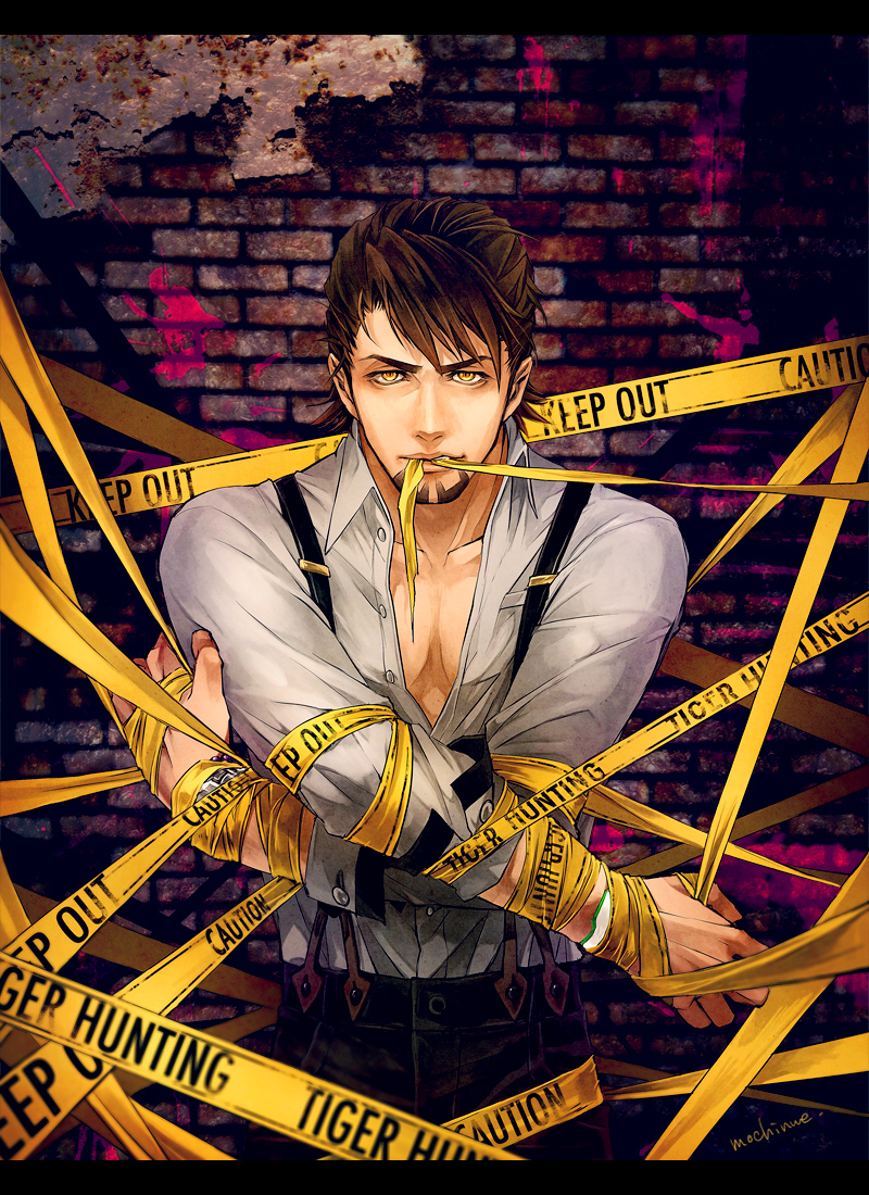 1boy alley black_pants brick_wall brown_hair caution_tape crossed_arms dress_shirt kaburagi_t._kotetsu looking_at_viewer male_focus mochinue paint_splatter pants partially_unbuttoned shirt suspenders tiger_&amp;_bunny white_shirt wrapped wrapped_up yellow_eyes