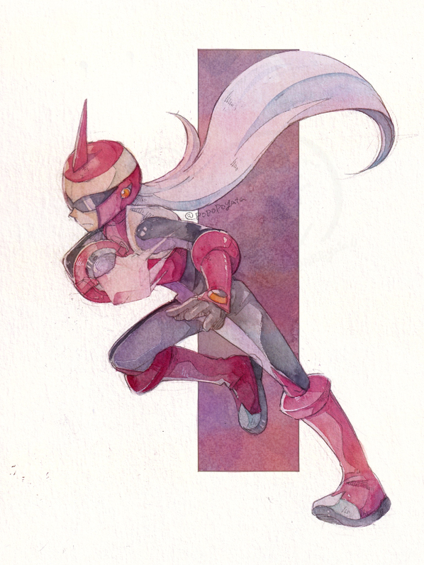 1boy arm_blade armor assault_visor black_bodysuit bodysuit energy_sword helmet long_hair male_focus mega_man_(series) mega_man_battle_network_(series) netnavi popopoyata protoman.exe red_armor red_helmet solo sword weapon white_hair