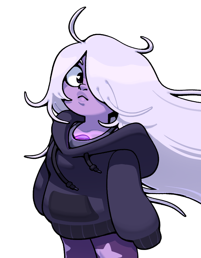 1girl amethyst_(steven_universe) breasts chest_jewel closed_mouth colored_skin discount-supervillain gem hair_over_one_eye long_hair medium_breasts plump purple_gemstone purple_skin solo steven_universe white_hair