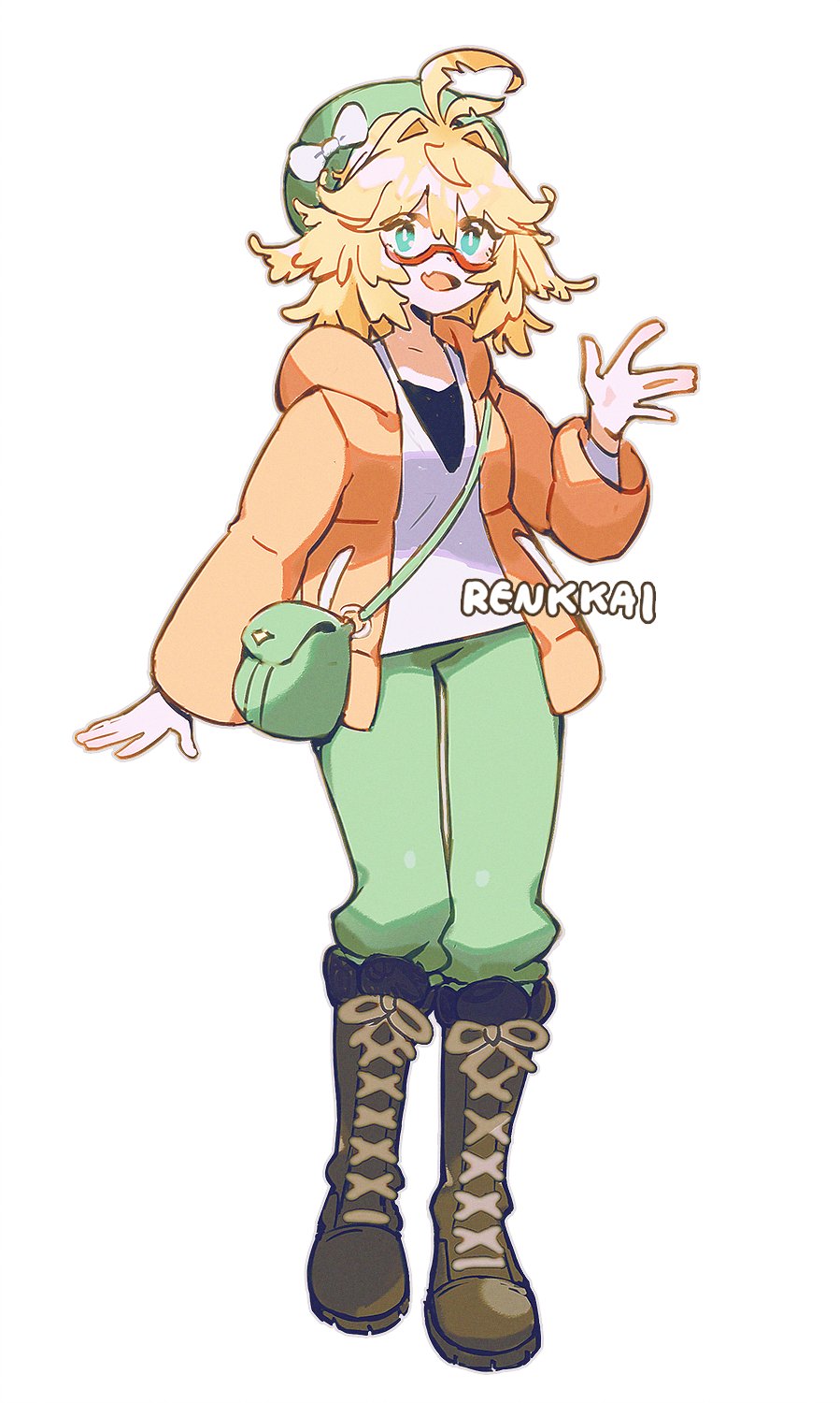 1girl ahoge artist_name bag bianca_(pokemon) bianca_(pokemon)_(cosplay) blonde_hair boots brown_boots cosplay dokibird_(vtuber) fang full_body glasses green_bag green_eyes green_hat green_pants handbag hat highres indie_virtual_youtuber jacket long_sleeves looking_at_viewer medium_hair nintendo open_clothes open_jacket open_mouth orange_jacket pants pokemon pokemon_bw2 renkkai semi-rimless_eyewear shirt simple_background skin_fang smile solo standing under-rim_eyewear virtual_youtuber white_background white_shirt