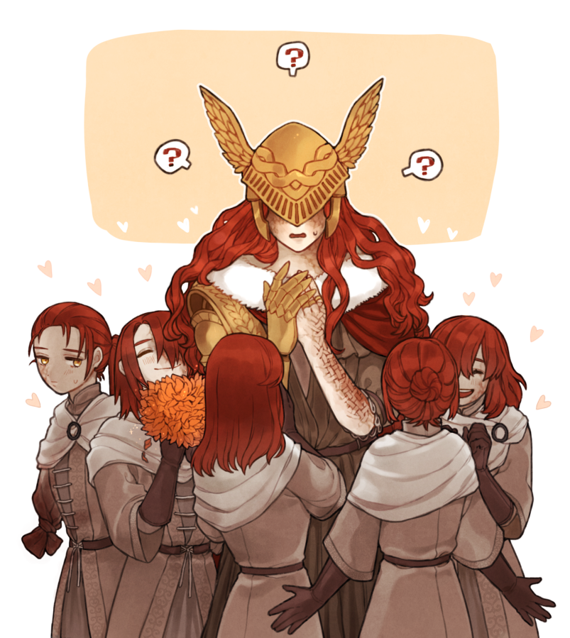 6+girls amy,_third_sister_(elden_ring) armor brown_tunic covered_eyes elden_ring gold_armor helmet helmet_over_eyes injury long_hair malenia_blade_of_miquella mary,_eldest_sister_(elden_ring) maureen,_second_sister_(elden_ring) mechanical_arms medium_hair millicent_(elden_ring) mother_and_daughter multiple_girls noru0217 polyanna,_youngest_sister_(elden_ring) prosthesis prosthetic_arm quintuplets red_hair scar siblings single_mechanical_arm sisters smile tunic valkyrie winged_helmet yellow_eyes