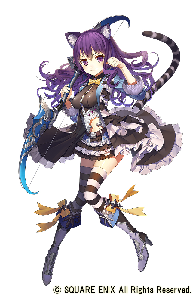 1girl animal_ear_fluff animal_ears black_dress blush boots bow_(weapon) breasts cat_ears cat_girl cat_tail cheshire_cat_(grimms_notes) closed_mouth dress full_body gaou_(umaiyo_puyoman) grimms_notes hands_up high_heel_boots high_heels holding holding_bow_(weapon) holding_weapon knee_boots knees_together_feet_apart long_sleeves looking_at_viewer medium_breasts official_art paw_pose purple_eyes purple_hair ribbon short_dress simple_background smile solo standing striped_clothes striped_tail striped_thighhighs tail thighhighs watermark weapon white_background yellow_ribbon