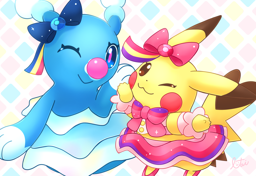 ;&gt; ;3 blue_bow blue_eyes bow brionne closed_mouth clothed_pokemon commentary_request cosplay_pikachu gen_1_pokemon gen_7_pokemon idol_clothes lai_(pixiv1814979) nintendo no_humans one_eye_closed pikachu pikachu_pop_star pink_bow pink_pupils pink_skirt pokemon pokemon_(creature) skirt smile