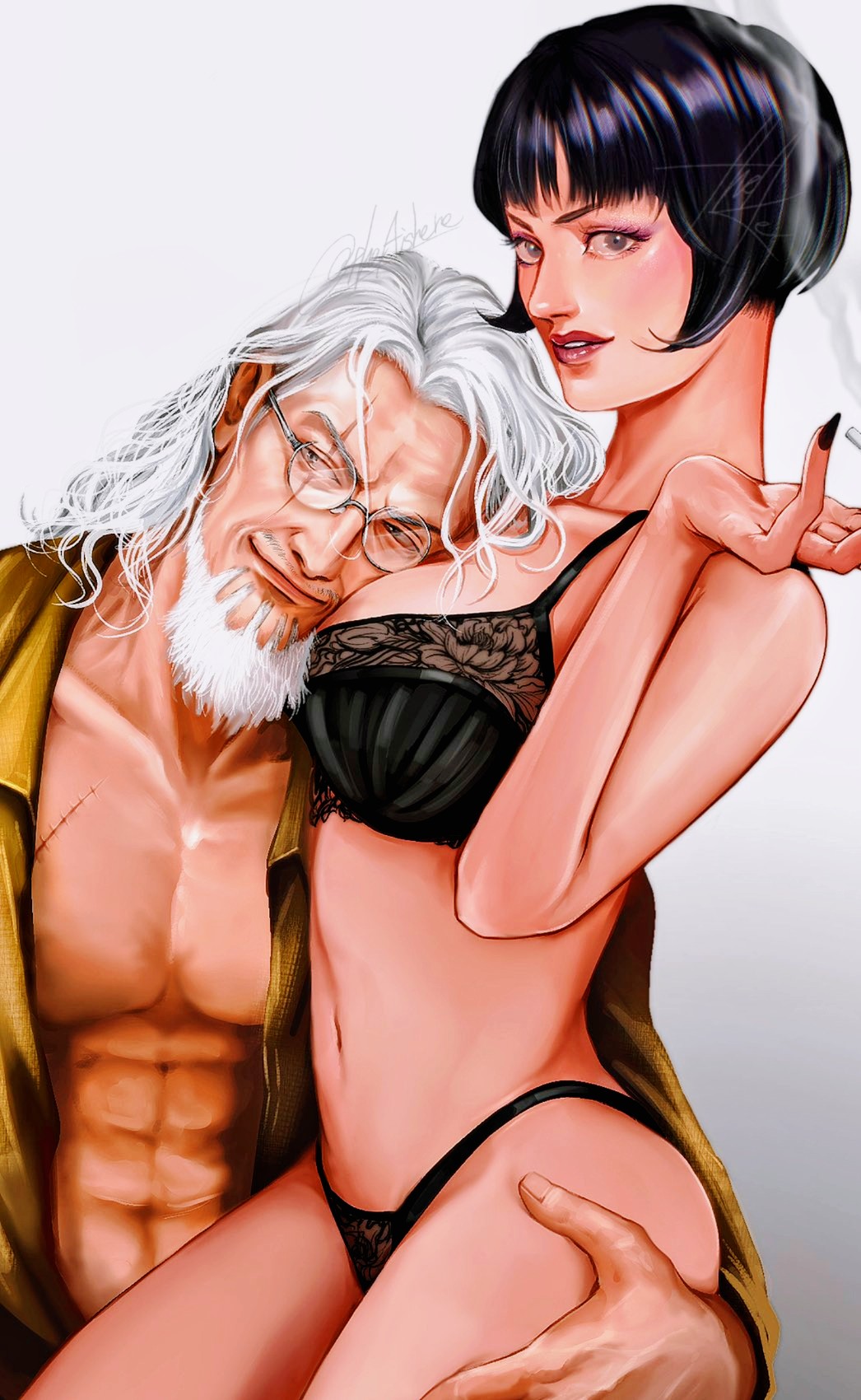 1boy 1girl abs beard black_bra black_hair black_nails black_panties bob_cut bra cigarette collared_shirt commentary eyeshadow facial_hair glasses gradient_background head_on_chest highres holding holding_cigarette la_la_la_la looking_at_viewer looking_to_the_side makeup medium_hair on_lap one_piece open_clothes open_shirt panties purple_eyeshadow scar scar_across_eye scar_on_face shakuyaku_(one_piece) shirt silvers_rayleigh smile smoke underwear v-shaped_eyebrows white_hair yellow_shirt