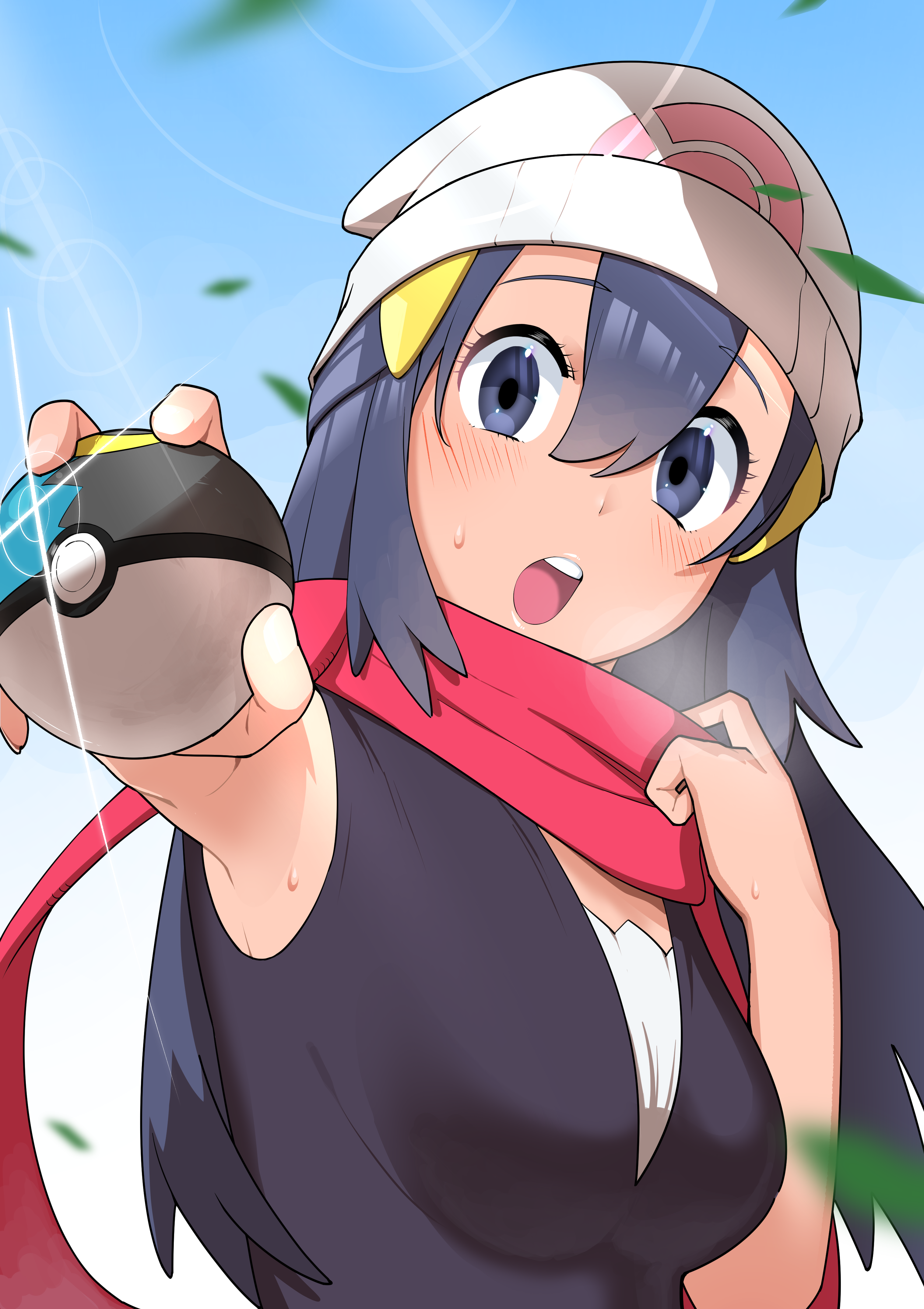 1girl absurdres beanie black_shirt blue_eyes blue_hair breasts commentary dawn_(pokemon) hair_between_eyes hair_ornament hairclip hat highres holding holding_poke_ball leaf long_hair looking_at_viewer medium_breasts mon!_(monmonlezard) moon_ball nintendo open_mouth poke_ball poke_ball_print pokemon pokemon_dppt red_scarf scarf shirt sleeveless sleeveless_shirt solo teeth upper_body upper_teeth_only white_hat