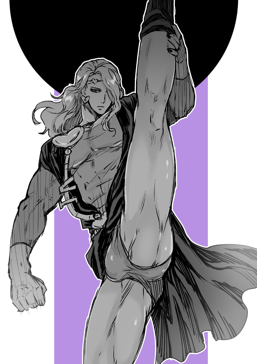 1boy bad_id bad_pixiv_id bulge earrings giga_omega headband heart heart_earrings highres holding_legs jewelry jojo_no_kimyou_na_bouken leg_lift leotard long_hair male_focus monochrome solo split standing standing_on_one_leg standing_split stardust_crusaders tiara vanilla_ice