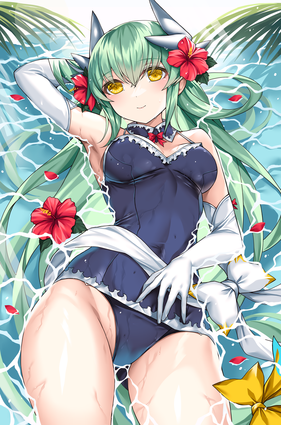 1girl arm_up armpits bare_shoulders blush breasts closed_mouth commentary_request dragon_girl dragon_horns elbow_gloves fate/grand_order fate_(series) flower gloves green_hair hair_flower hair_ornament highres horns kiyohime_(fate) large_breasts long_hair looking_at_viewer lying morizono_shiki on_back partially_submerged smile solo thighs water wet white_gloves yellow_eyes