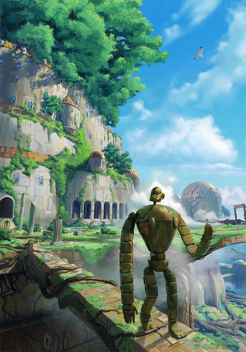 2others artist_name bird blue_sky bridge cloud cloudy_sky column felixoesinghaus flower grass highres holding holding_flower laputa_robot looking_at_object moss multiple_others old pillar plant plant_roots robot ruins sky studio_ghibli tenkuu_no_shiro_laputa tree walking window